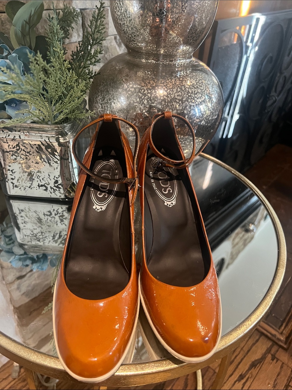 Tod's Orange Patent Leather Ankle-Strap Flats